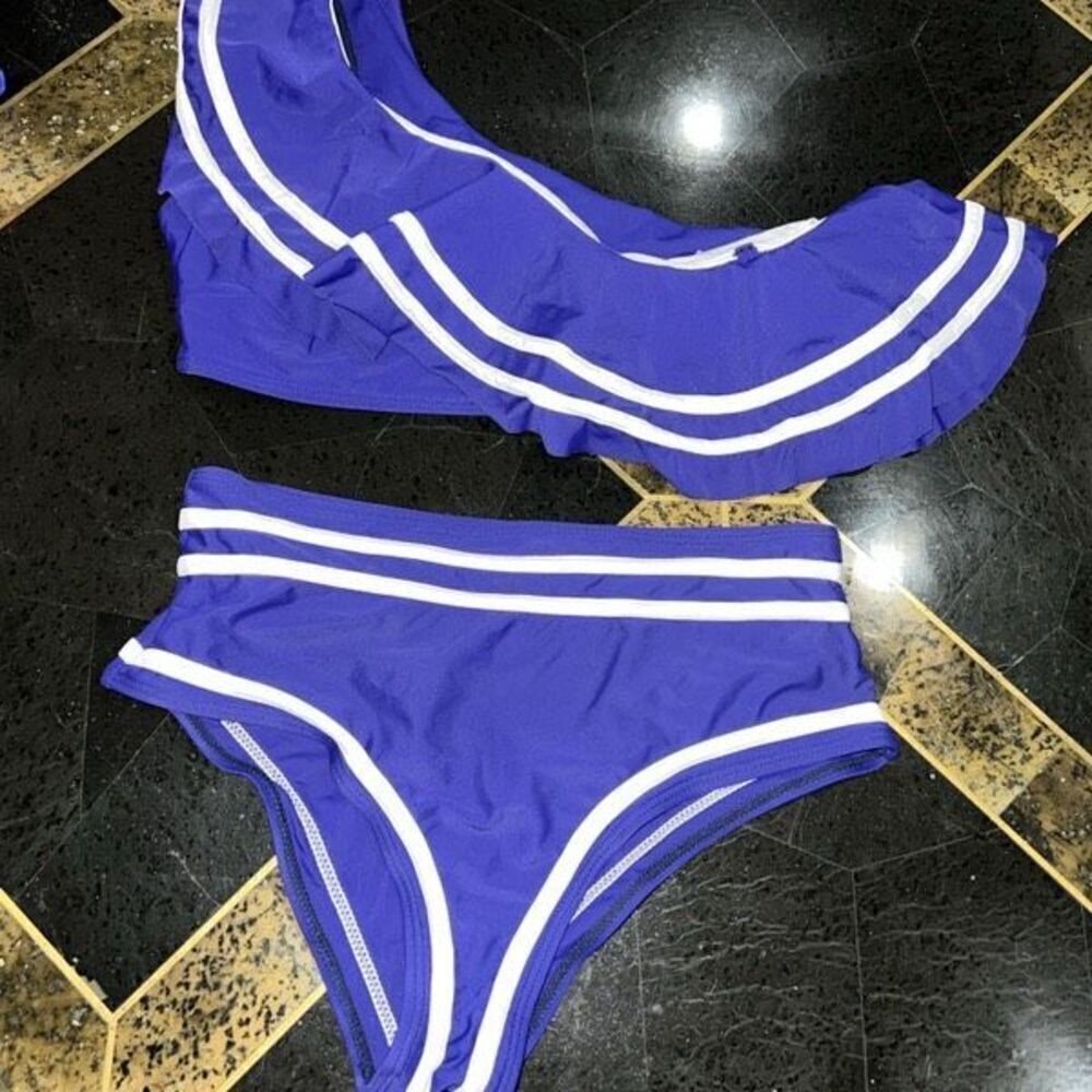 Nautical Sailor One Shoulder Ruffled Bikini Two Piece Size Small